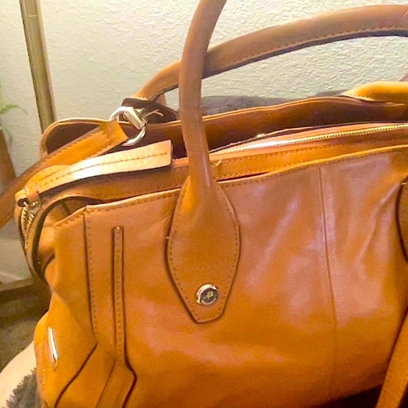 B. MAKOWSKI Tan Leather Handbag w/Leopard Print Lining, WUC - Picture 8 of 16